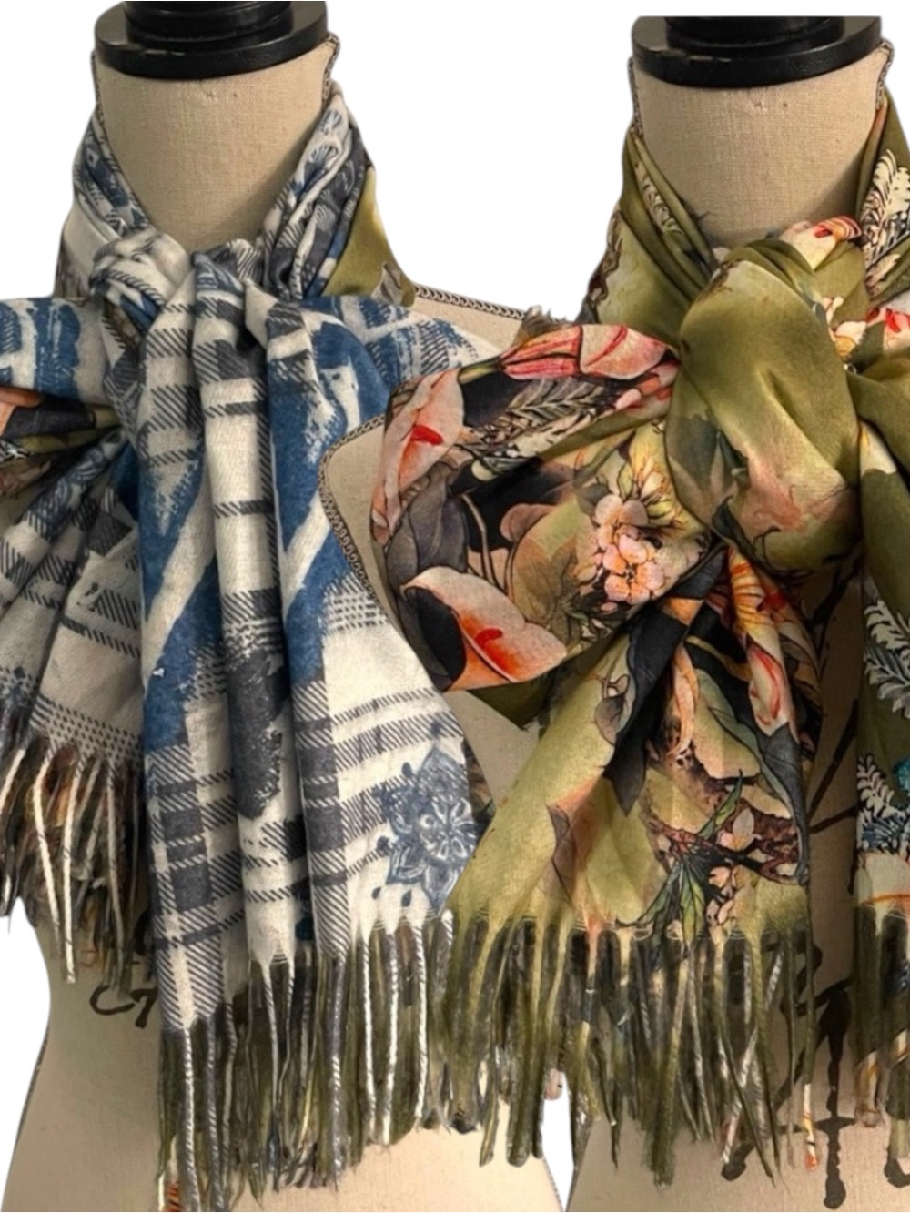 Green/Pink Floral and White/Blue Pattern Reversible Cashmere Blend Blanket Wrap
